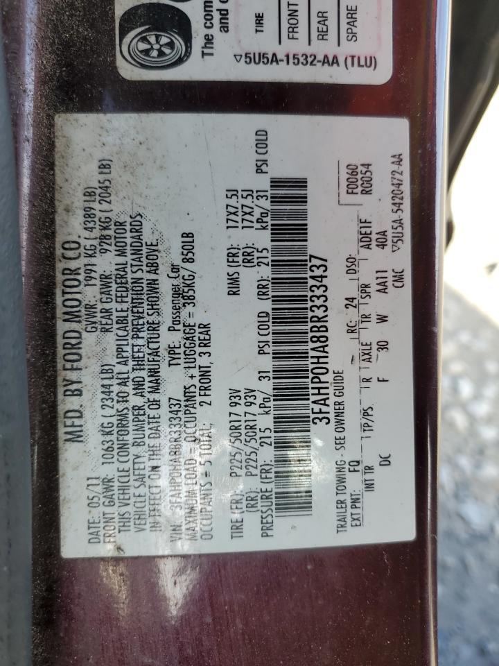 2011 Ford Fusion VIN 3FAHP0HA8BR333437 Copart auction photo, front end / side damage thumbnail 13