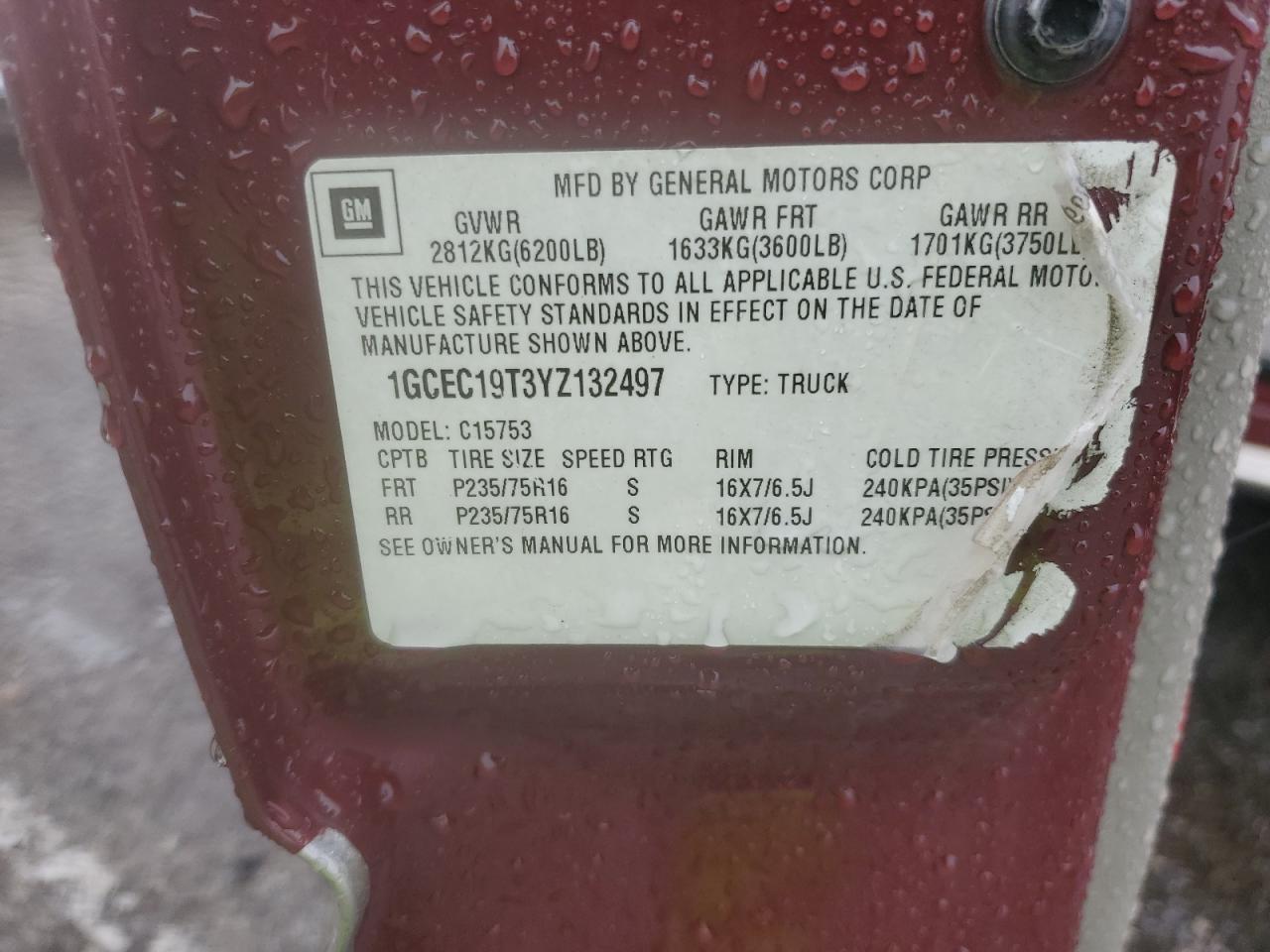 2000 Chevrolet Silverado VIN 1GCEC19T3YZ132497 Copart auction photo, vandalism damage thumbnail 12