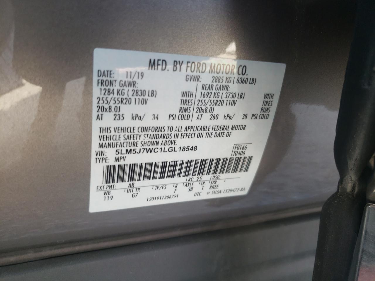 2020 Lincoln Aviator VIN 5LM5J7WC1LGL18548 Copart auction photo, front end / side damage thumbnail 14