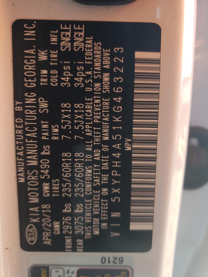 2019 KIA Sorento VIN 5XYPH4A51KG463223 Copart auction photo, water/flood damage thumbnail 14
