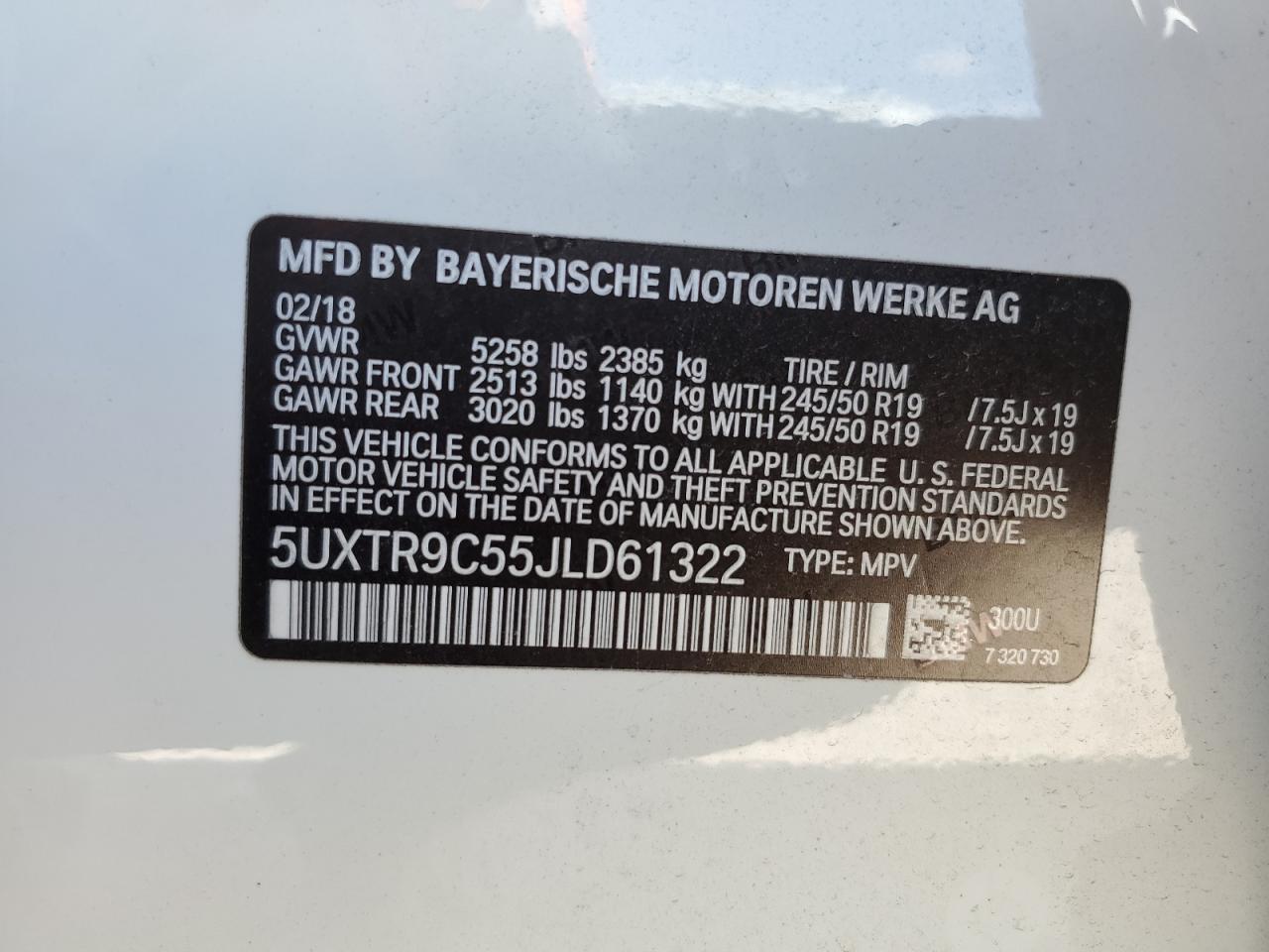 2018 BMW X3 VIN 5UXTR9C55JLD61322 Copart auction photo, front end damage thumbnail 15