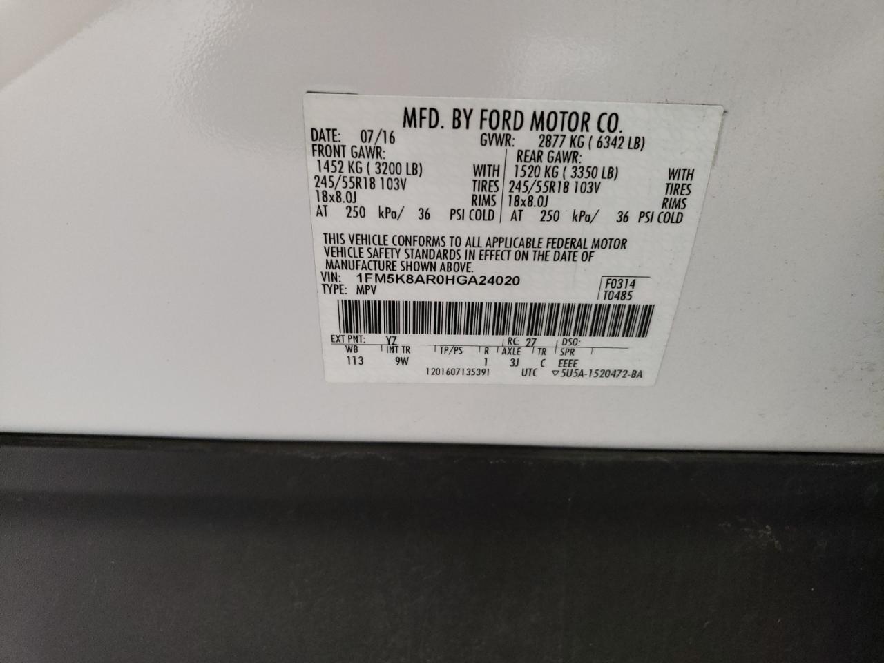 2017 Ford Explorer VIN 1FM5K8AR0HGA24020 Copart auction photo, rear end / minor dent/scratches damage thumbnail 14