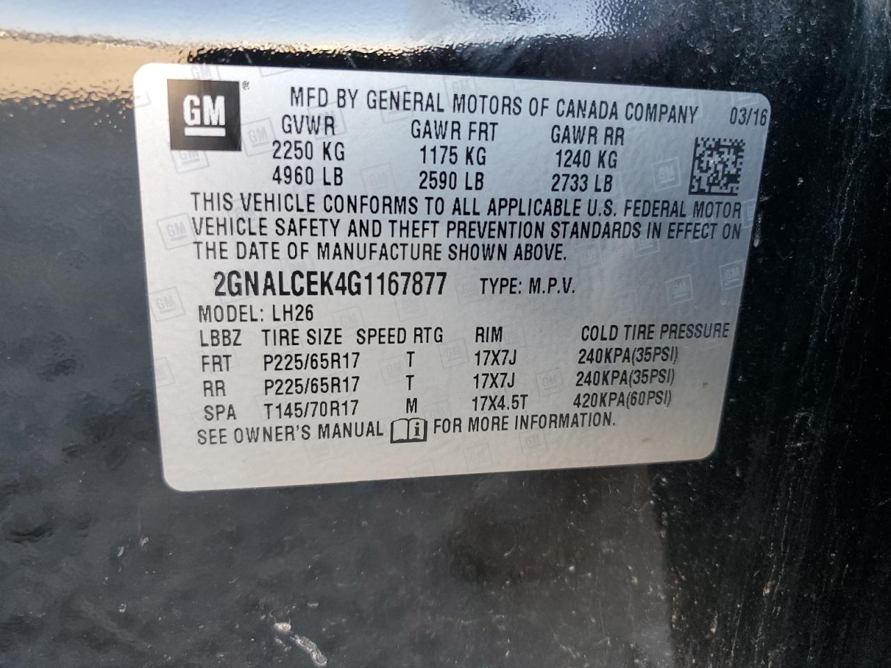 2016 Chevrolet Equinox VIN 2GNALCEK4G1167877 Copart auction photo, front end / minor dent/scratches damage thumbnail 15