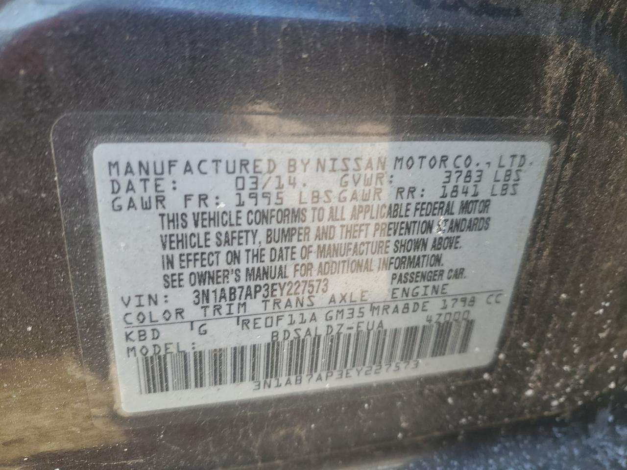 2014 Nissan Sentra VIN 3N1AB7AP3EY227573 Copart auction photo, front end damage thumbnail 12