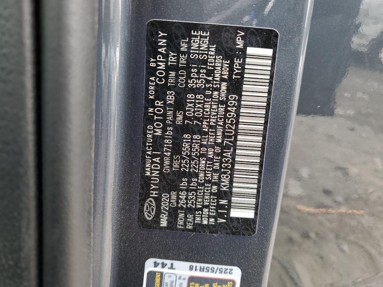 2020 Hyundai Tucson VIN KM8J33AL7LU259499 Copart auction photo, front end / undercarriage damage thumbnail 13
