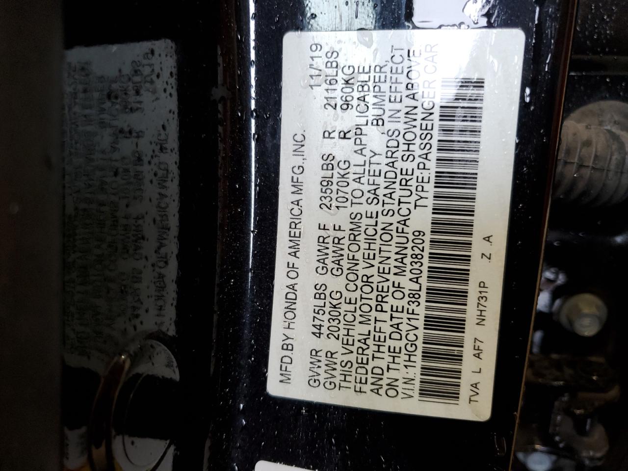 2020 Honda Accord VIN 1HGCV1F38LA038209 Copart auction photo, front end / side damage thumbnail 12