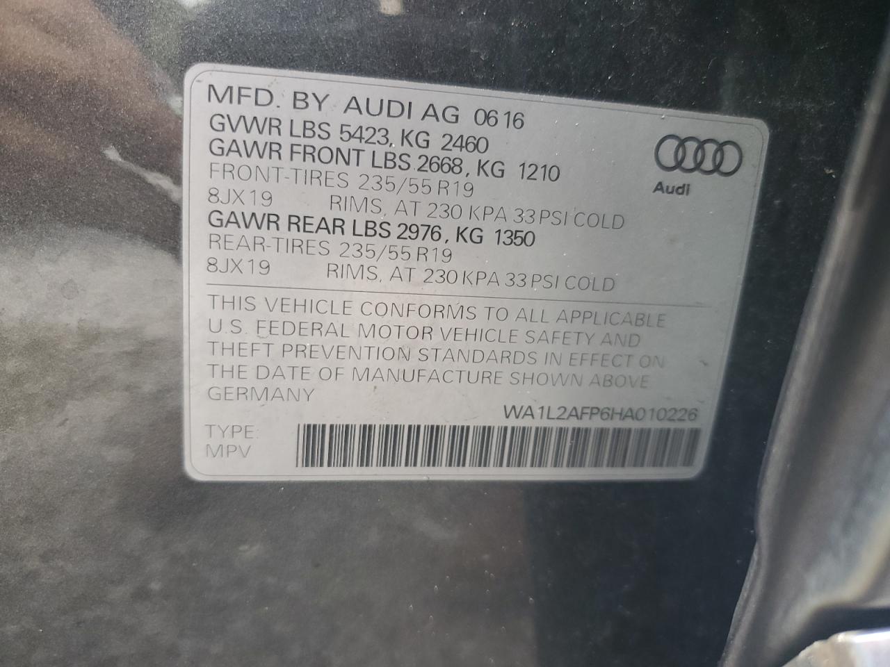 2017 Audi Q5 VIN WA1L2AFP6HA010226 Copart auction photo, front end / side damage thumbnail 13