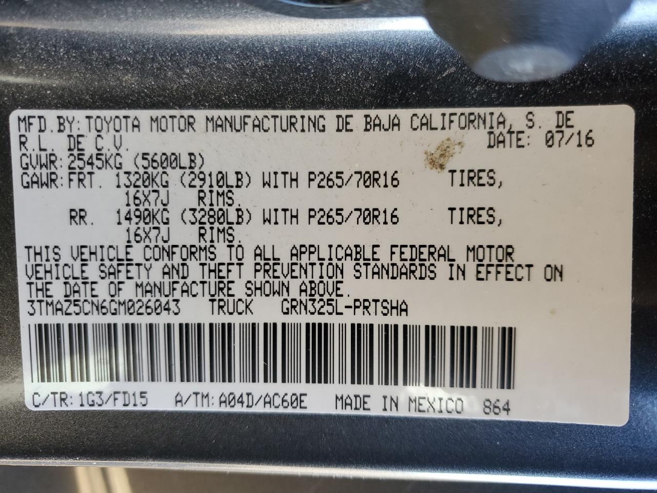 2016 Toyota Tacoma VIN 3TMAZ5CN6GM026043 Copart auction photo, front end damage thumbnail 15