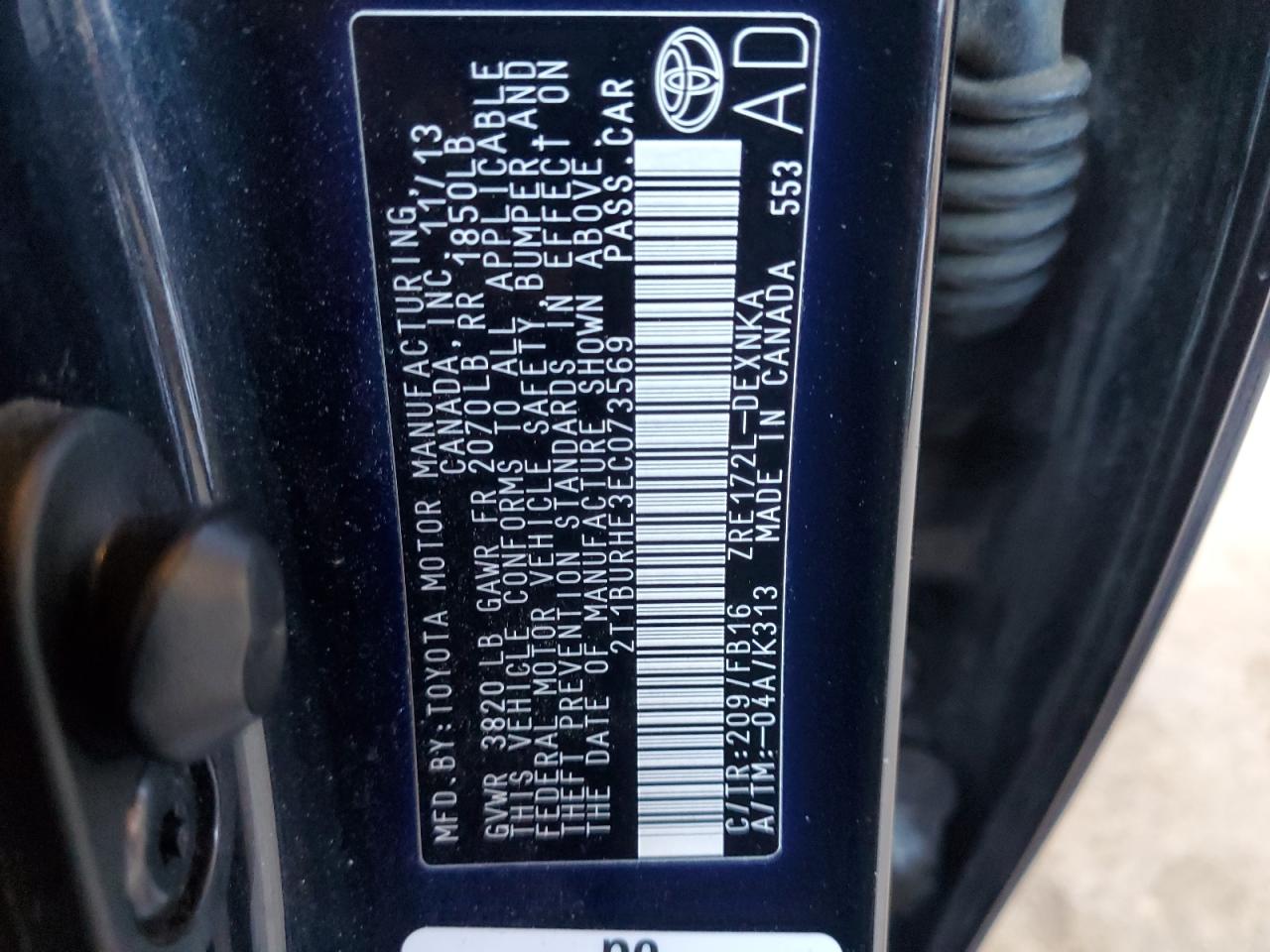 2014 Toyota Corolla VIN 2T1BURHE3EC073569 Copart auction photo, side damage thumbnail 12