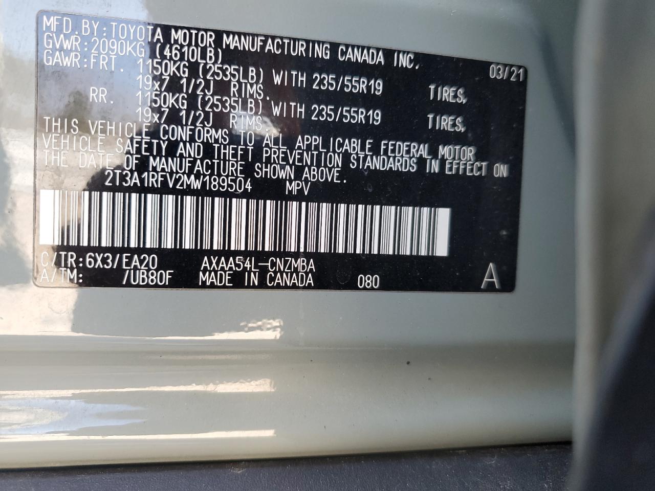 2021 Toyota RAV 4 VIN 2T3A1RFV2MW189504 Copart auction photo, front end damage thumbnail 15