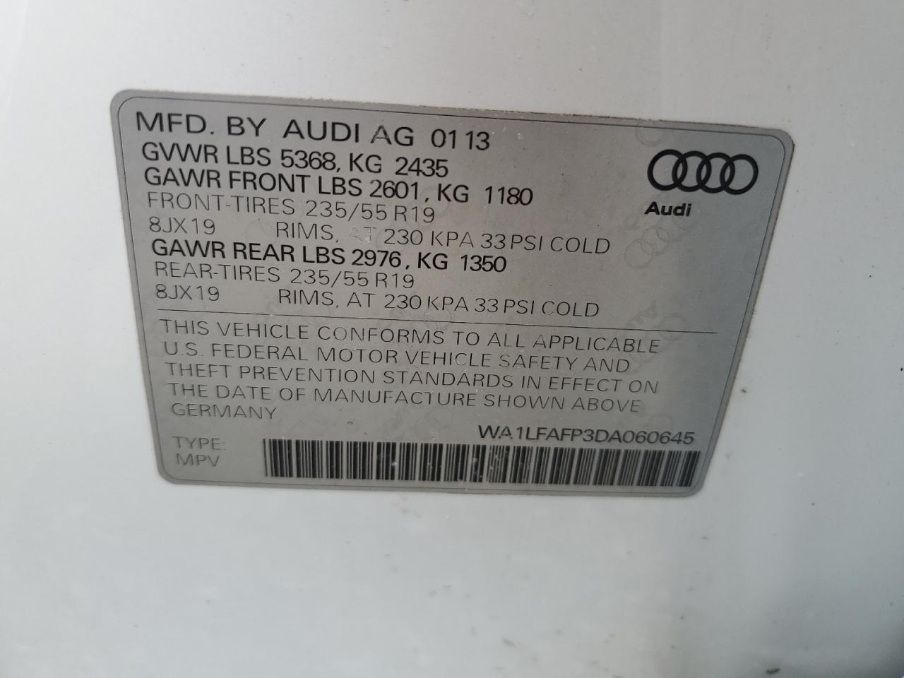 2013 Audi Q5 VIN WA1LFAFP3DA060645 Copart auction photo, side damage thumbnail 14