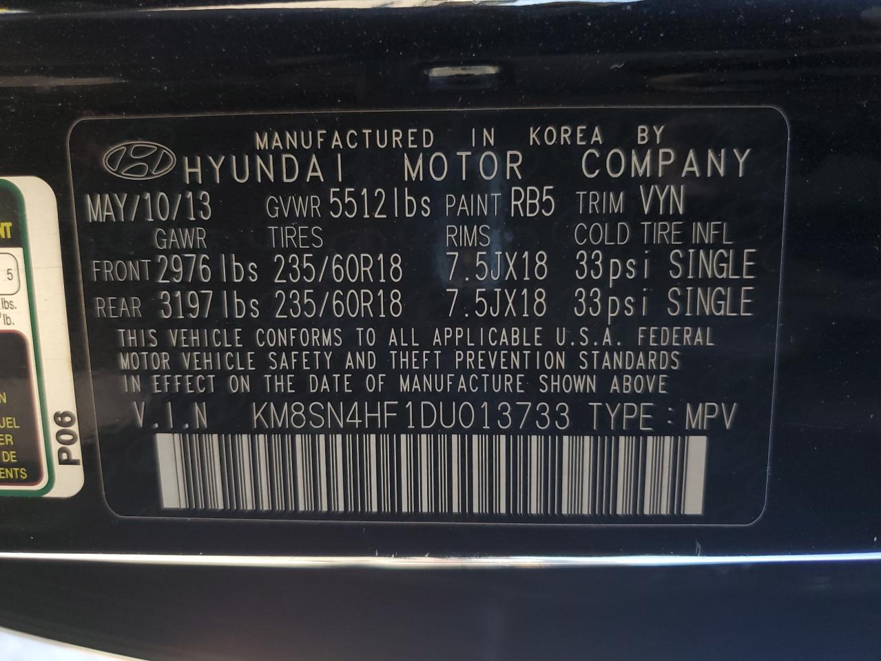 2013 Hyundai Santa Fe VIN KM8SN4HF1DU013733 Copart auction photo, front end / side damage thumbnail 13