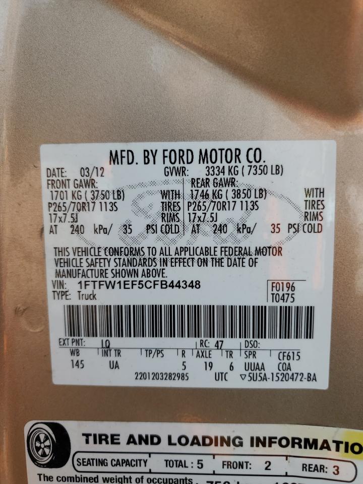 2012 Ford F-150 VIN 1FTFW1EF5CFB44348 Copart auction photo, front end damage thumbnail 12