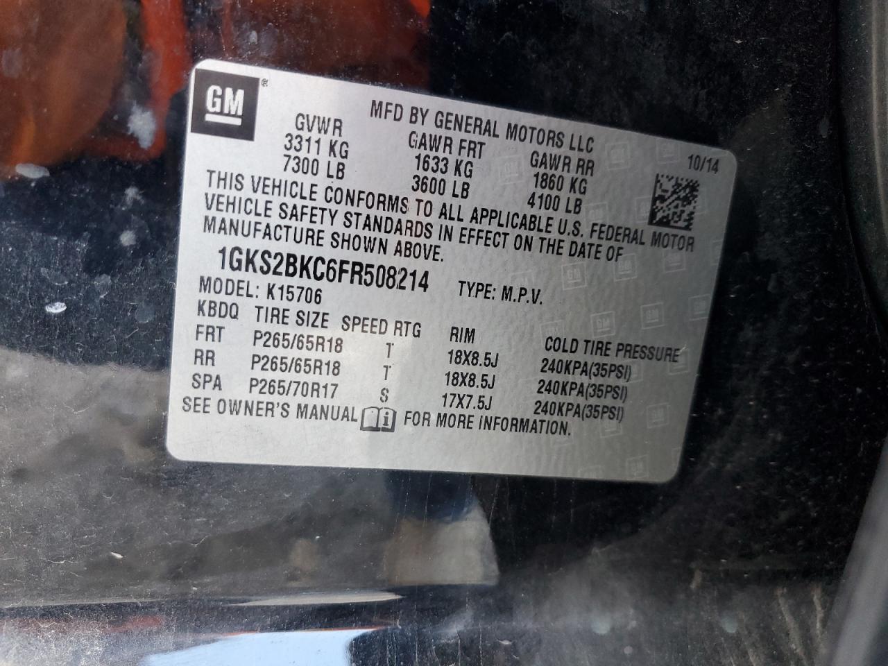 2015 GMC Yukon VIN 1GKS2BKC6FR508214 Copart auction photo, side damage thumbnail 12