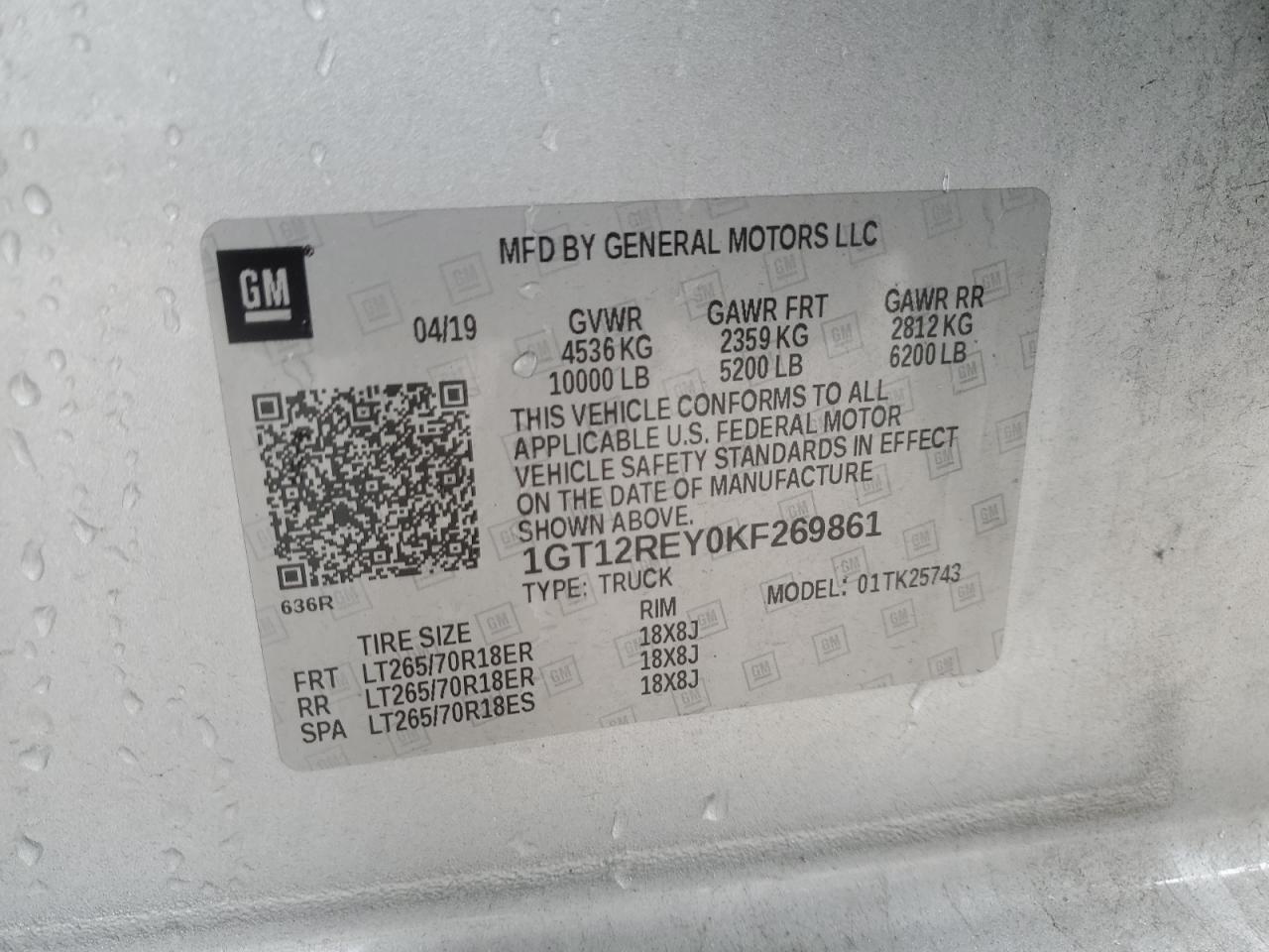2019 GMC Sierra VIN 1GT12REY0KF269861 Copart auction photo, all over damage thumbnail 14
