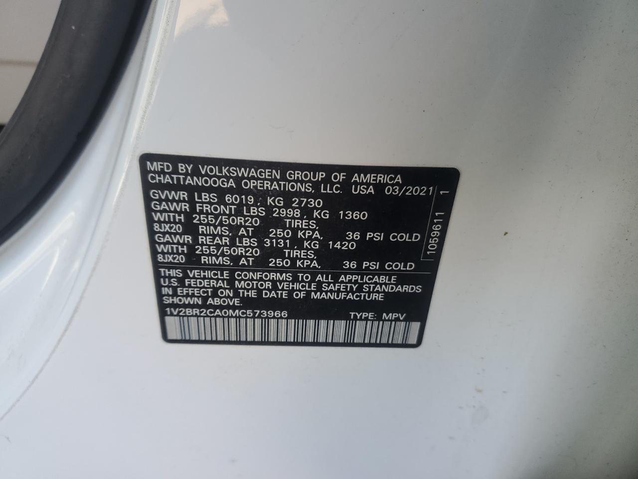 2021 Volkswagen Atlas VIN 1V2BR2CA0MC573966 Copart auction photo, rear end damage thumbnail 14
