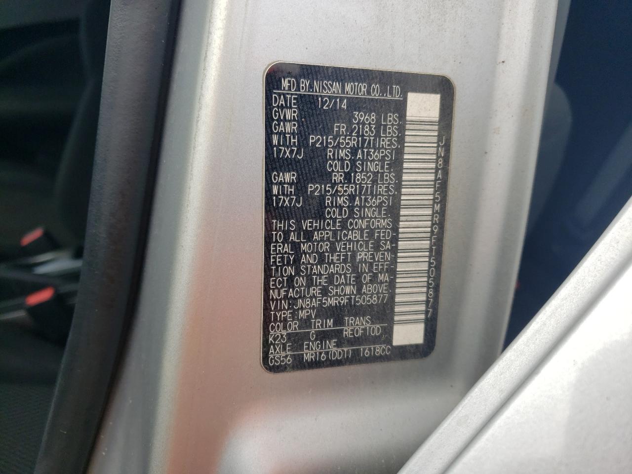 2015 Nissan Juke VIN JN8AF5MR9FT505877 Copart auction photo, all over damage thumbnail 12