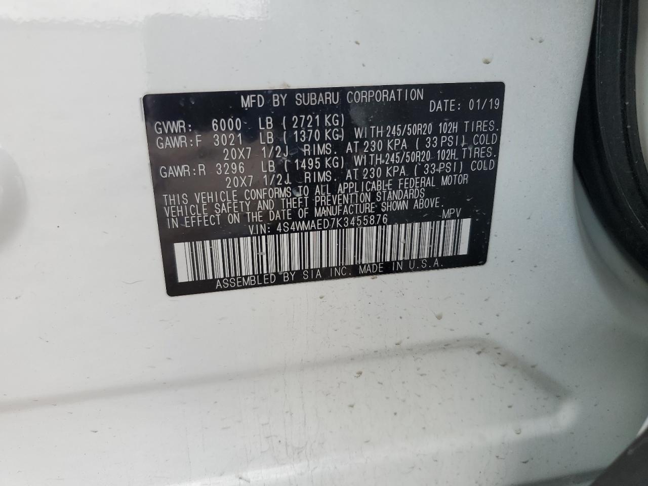 2019 Subaru Ascent VIN 4S4WMAED7K3455876 Copart auction photo, all over damage thumbnail 13