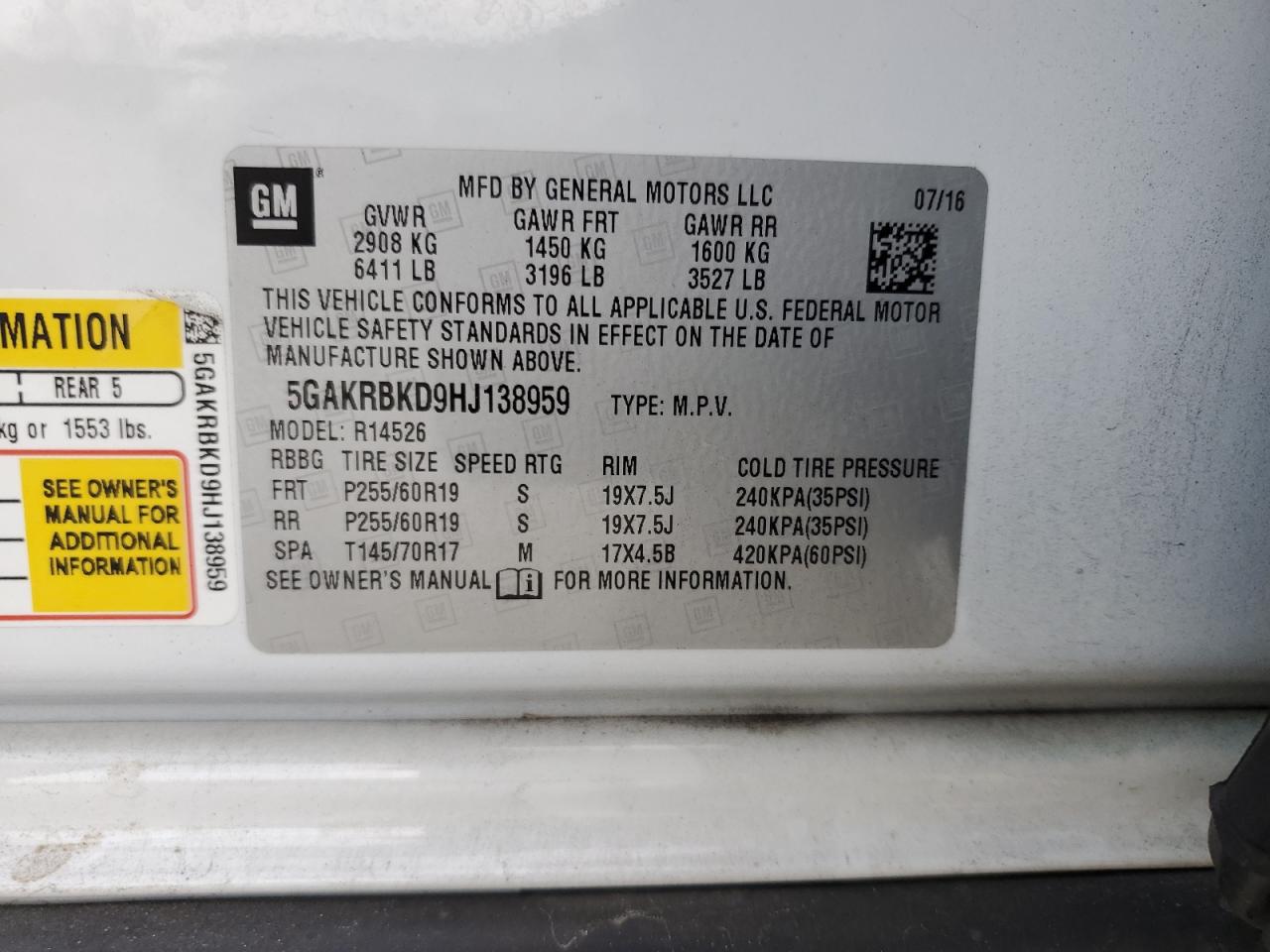 2017 Buick Enclave VIN 5GAKRBKD9HJ138959 Copart auction photo, front end damage thumbnail 13