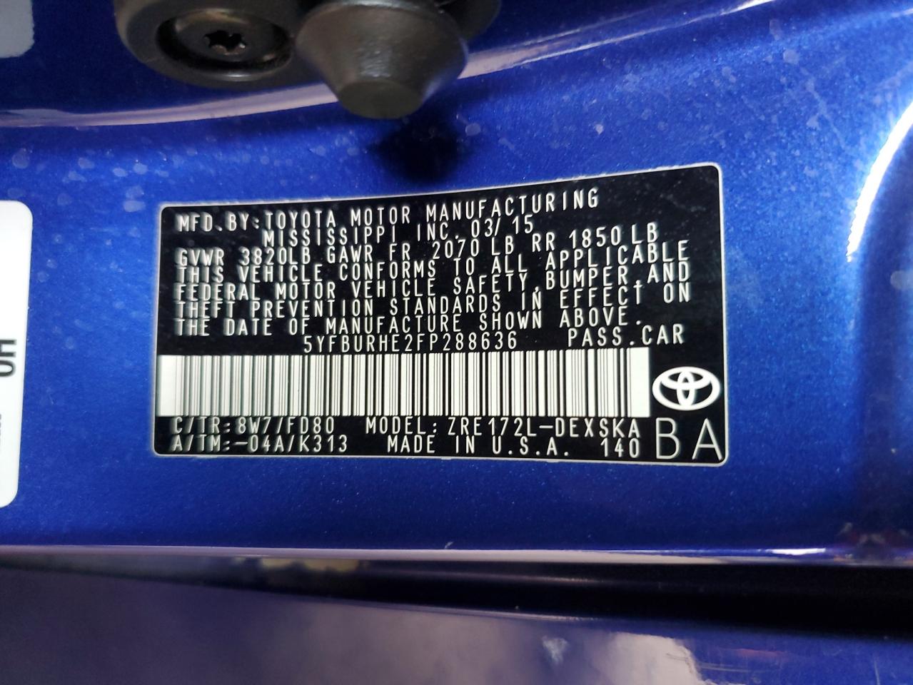 2015 Toyota Corolla VIN 5YFBURHE2FP288636 Copart auction photo, front end / minor dent/scratches damage thumbnail 14