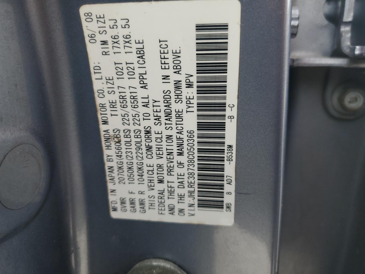 2008 Honda CR-V VIN JHLRE38738C050366 Copart auction photo, front end damage thumbnail 16