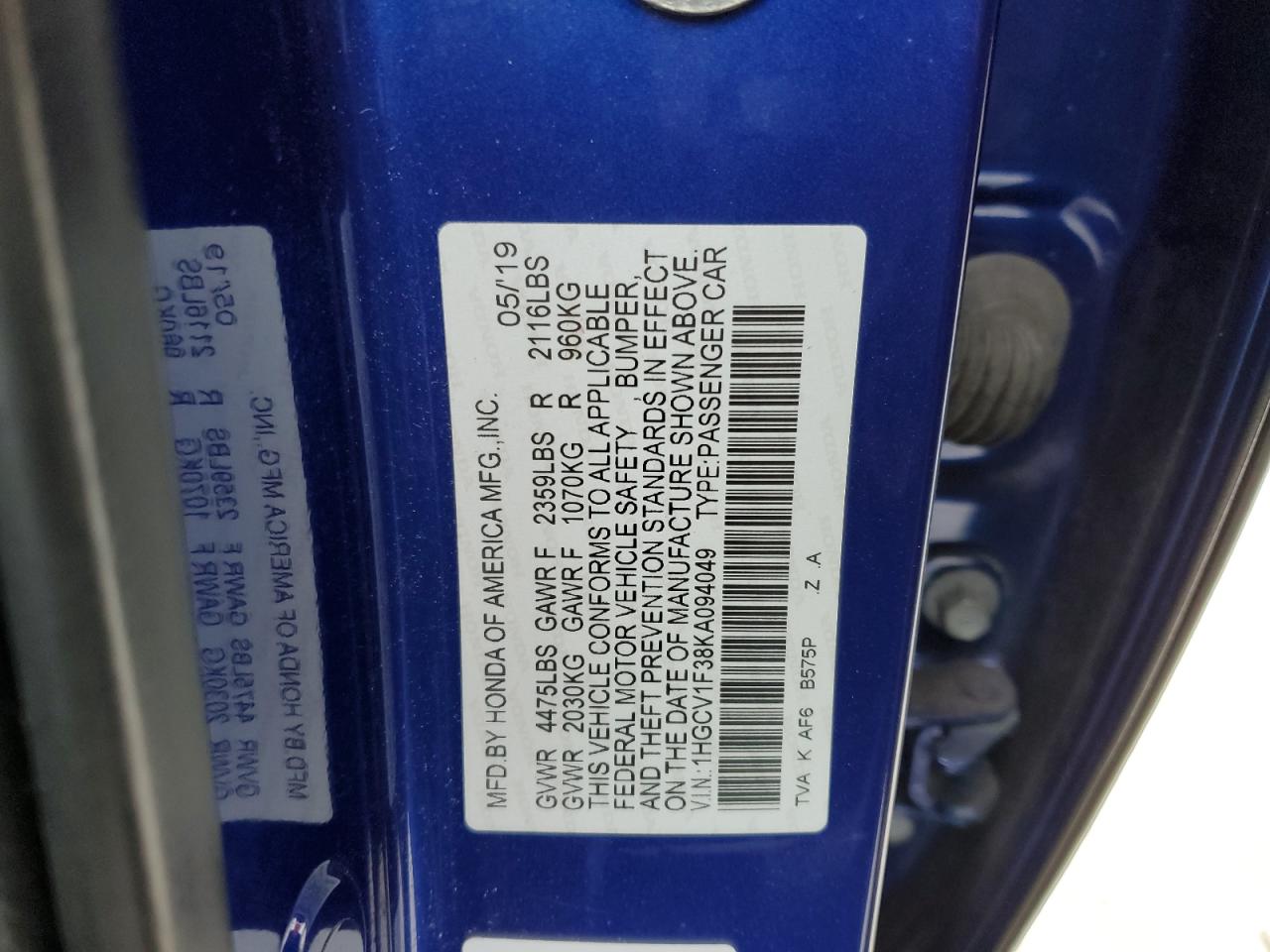 2019 Honda Accord VIN 1HGCV1F38KA094049 Copart auction photo, front end / rear end damage thumbnail 13