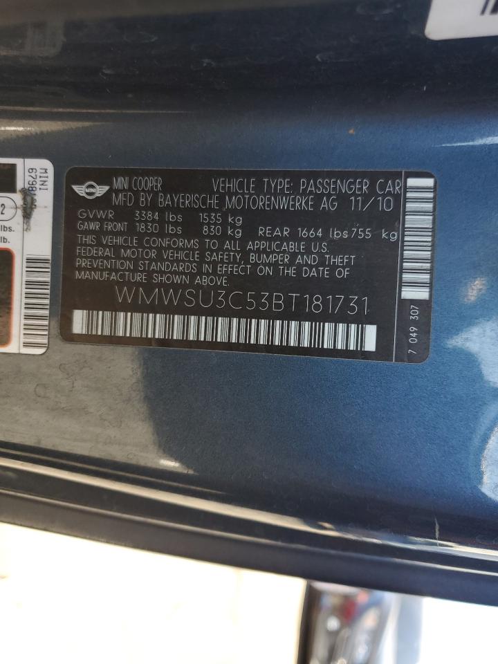 2011 MINI Cooper VIN WMWSU3C53BT181731 Copart auction photo, front end damage thumbnail 12