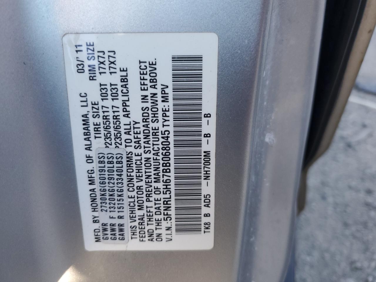 2011 Honda Odyssey VIN 5FNRL5H67BB068045 Copart auction photo, front end damage thumbnail 13