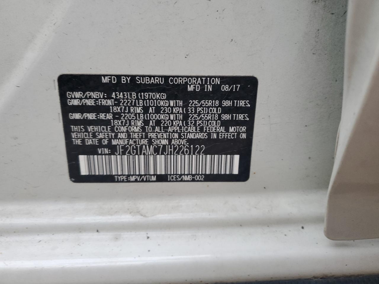 2018 Subaru XV VIN JF2GTAMC7JH226122 Copart auction photo, front end / minor dent/scratches damage thumbnail 14