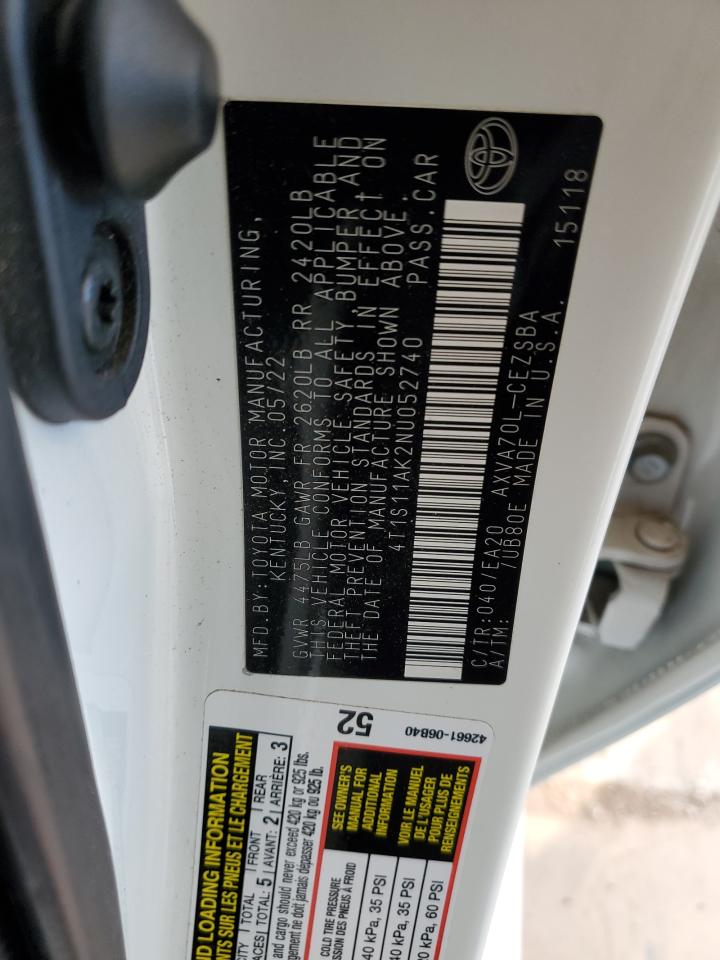 2022 Toyota Camry VIN 4T1S11AK2NU052740 Copart auction photo, front end damage thumbnail 12