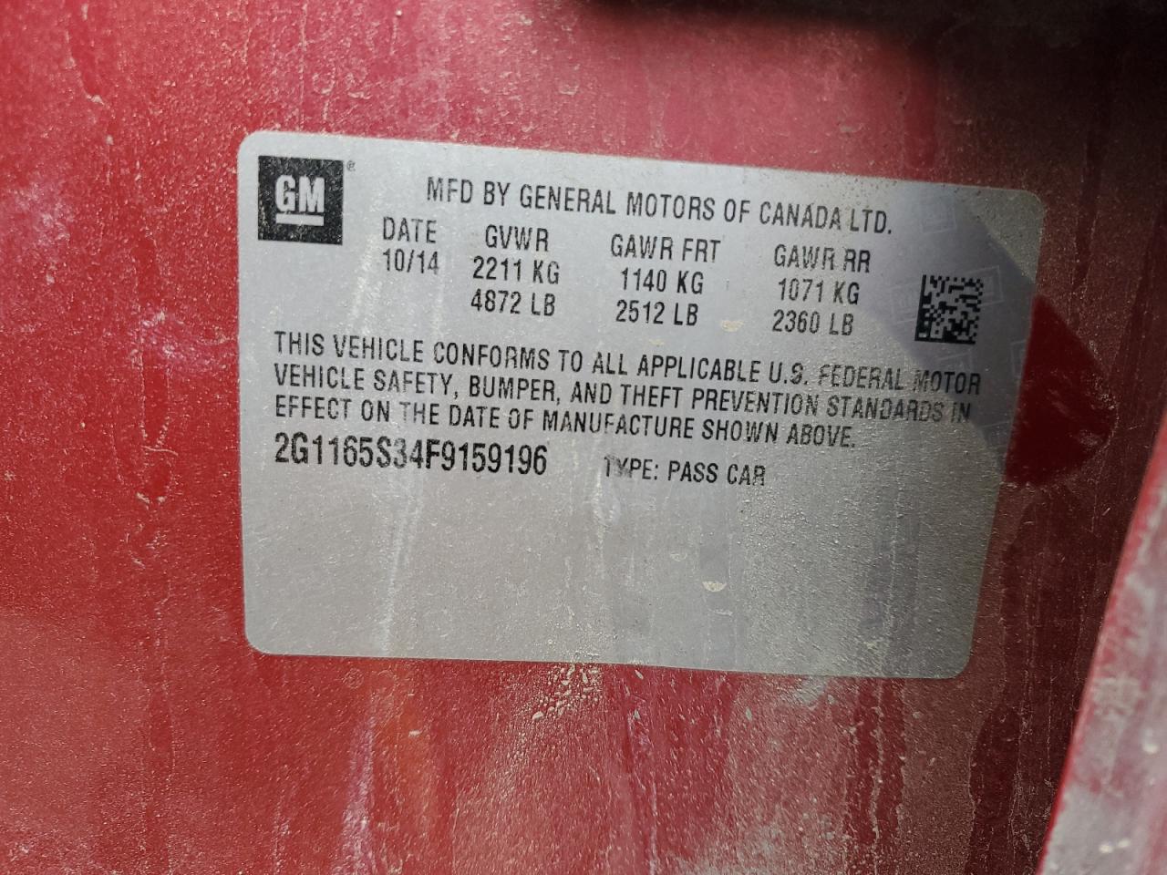 2015 Chevrolet Impala VIN 2G1165S34F9159196 Copart auction photo, all over damage thumbnail 12