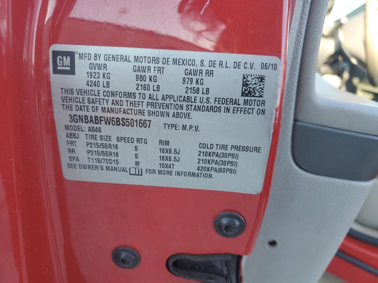2011 Chevrolet HHR VIN 3GNBABFW6BS501667 Copart auction photo, front end damage thumbnail 13