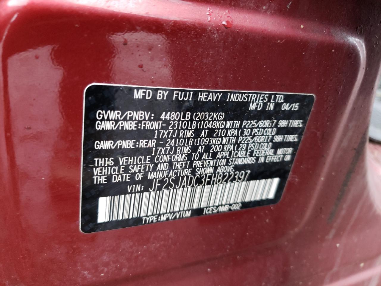 2015 Subaru Forester VIN JF2SJADC3FH822397 Copart auction photo, front end / undercarriage damage thumbnail 13