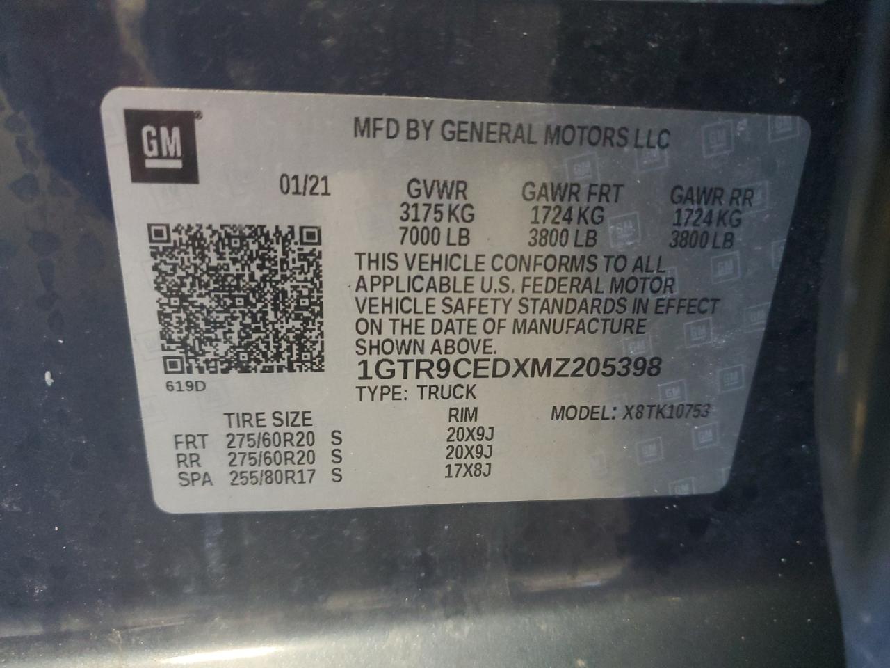 2021 GMC Sierra VIN 1GTR9CEDXMZ205398 Copart auction photo, front end damage thumbnail 13