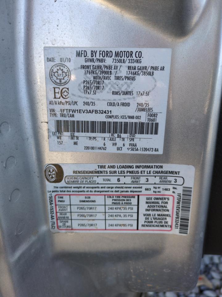 2010 Ford F-150 VIN 1FTFW1EV3AFB32431 Copart auction photo, side damage thumbnail 12