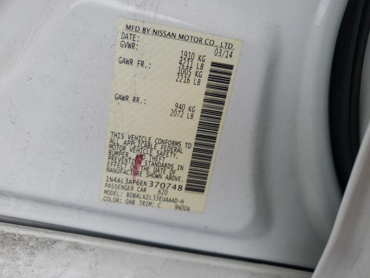 2014 Nissan Altima VIN 1N4AL3AP6EN370748 Copart auction photo, side / front end damage thumbnail 12