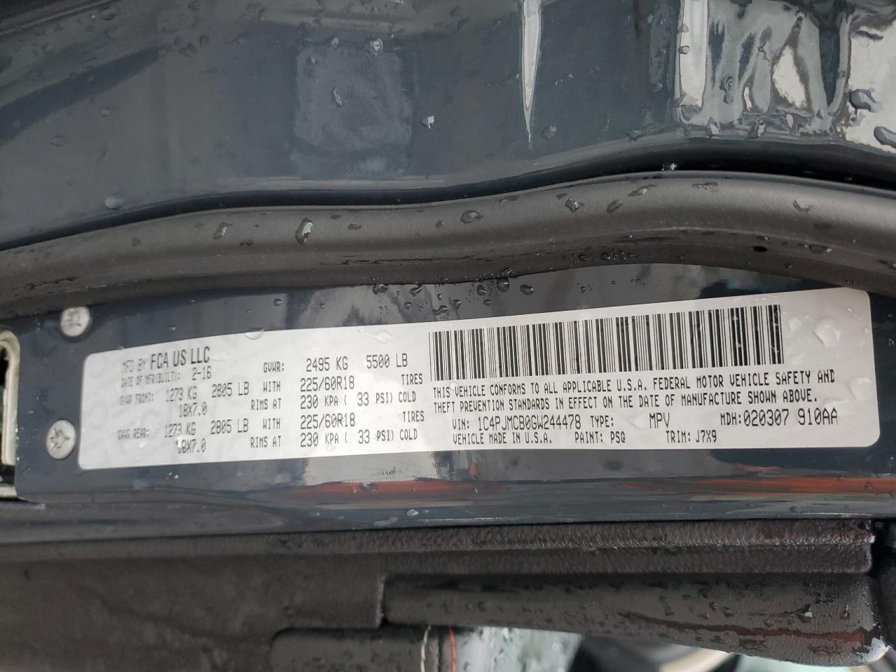 2016 Jeep Grand Cherokee VIN 1C4PJMCB0GW244478 Copart auction photo, front end / side damage thumbnail 14