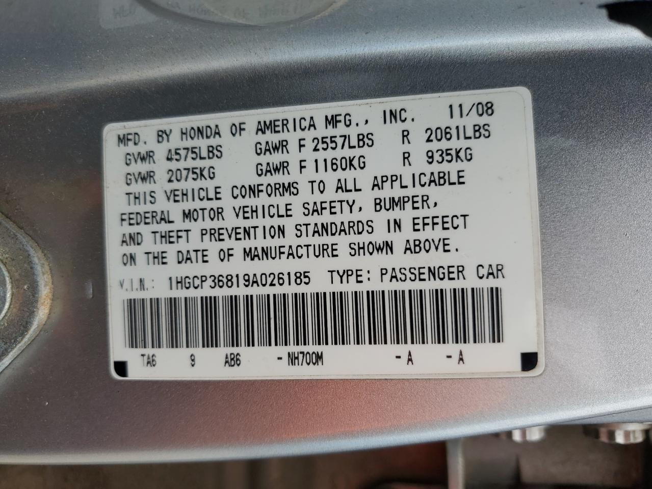 2009 Honda Accord VIN 1HGCP36819A026185 Copart auction photo, front end damage thumbnail 13