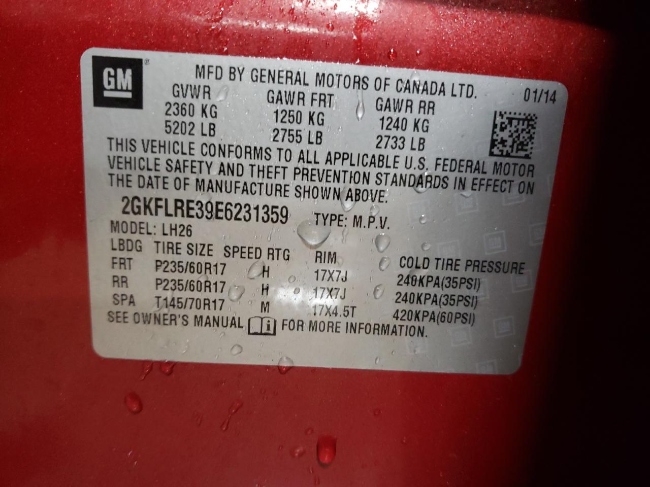 2014 GMC Terrain VIN 2GKFLRE39E6231359 Copart auction photo, rear end damage thumbnail 12