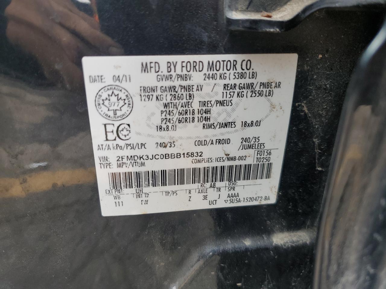 2011 Ford Edge VIN 2FMDK3JC0BBB15832 Copart auction photo, all over / vandalism damage thumbnail 13