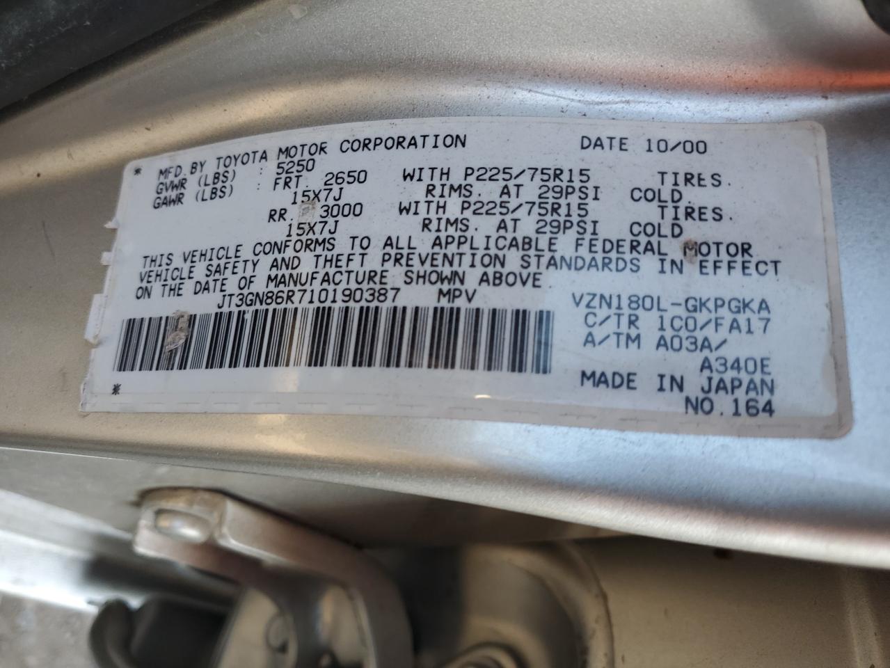 2001 Toyota 4Runner VIN JT3GN86R710190387 Copart auction photo, front end / undercarriage damage thumbnail 14