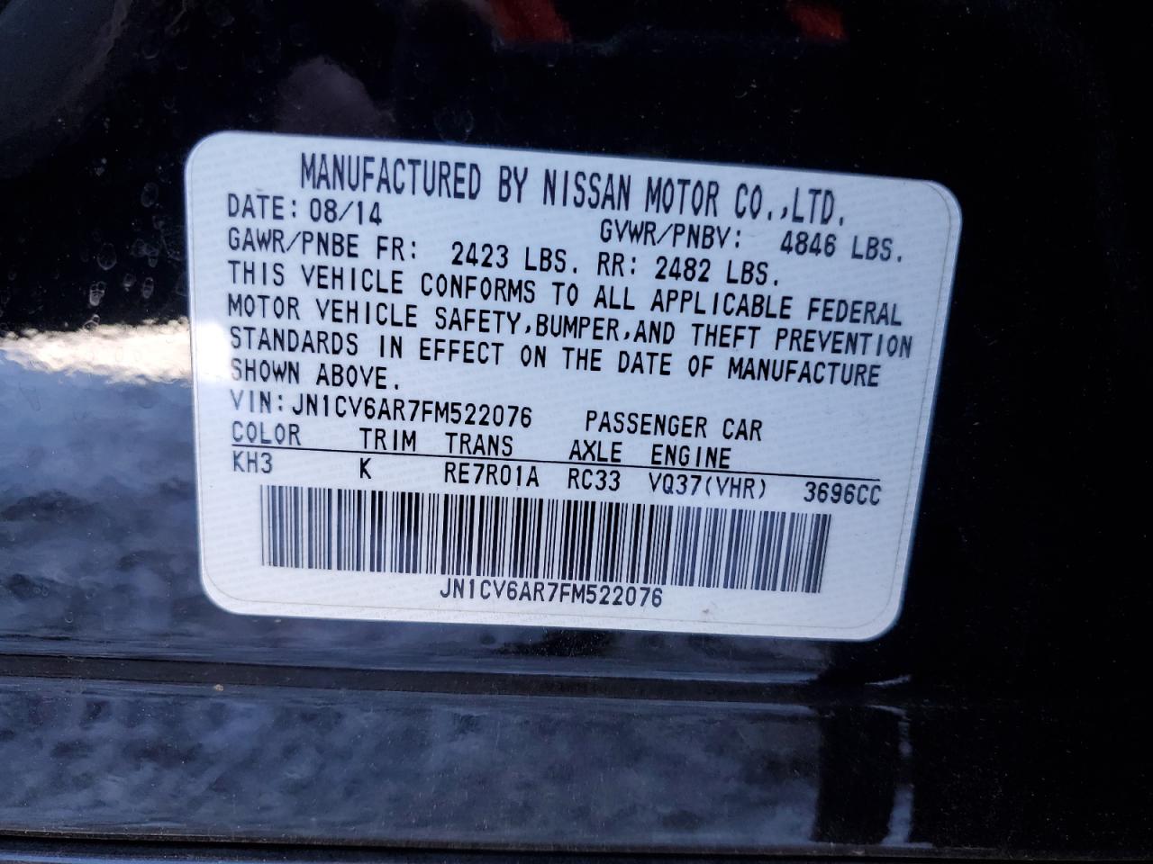 2015 Infiniti Q40 VIN JN1CV6AR7FM522076 Copart auction photo, front end damage thumbnail 14