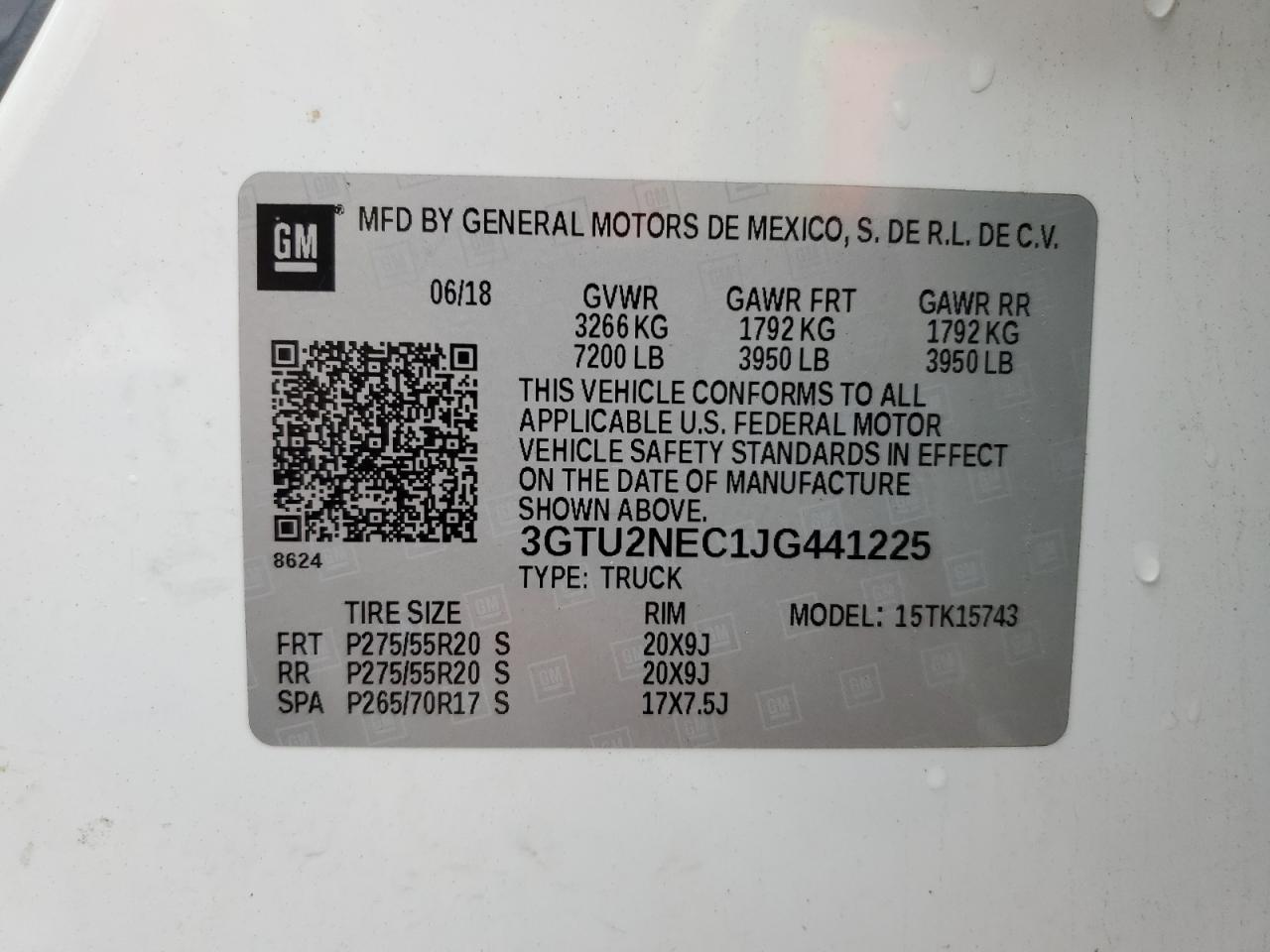 2018 GMC Sierra VIN 3GTU2NEC1JG441225 Copart auction photo, side damage thumbnail 12