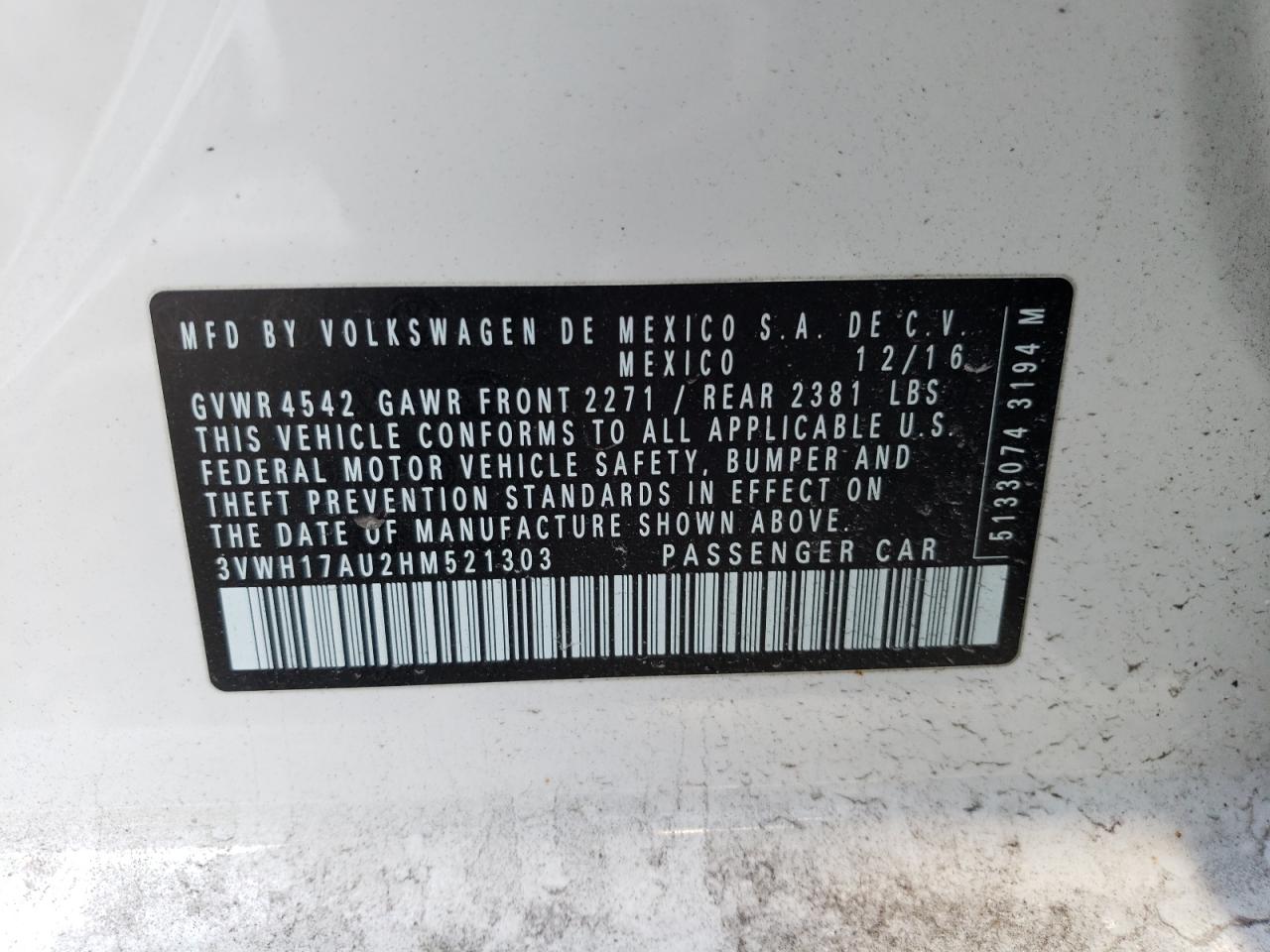 2017 Volkswagen Golf VIN 3VWH17AU2HM521303 Copart auction photo, front end damage thumbnail 14
