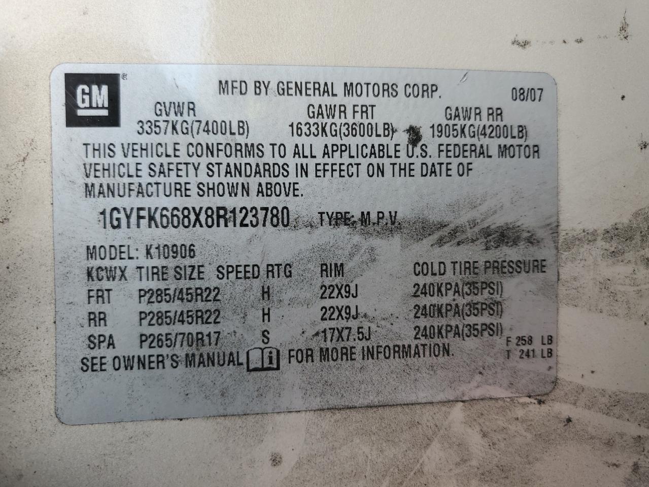 2008 Cadillac Escalade VIN 1GYFK668X8R123780 Copart auction photo, vandalism / stripped damage thumbnail 13