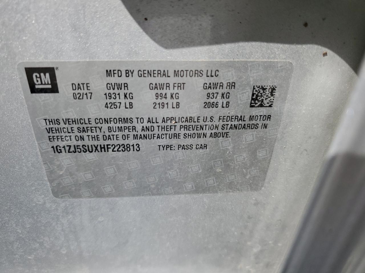 2017 Chevrolet Malibu VIN 1G1ZJ5SUXHF223813 Copart auction photo, water/flood damage thumbnail 14