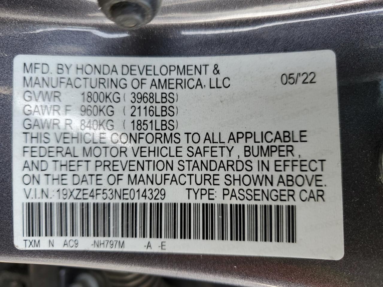 2022 Honda Insight VIN 19XZE4F53NE014329 Copart auction photo, all over damage thumbnail 13