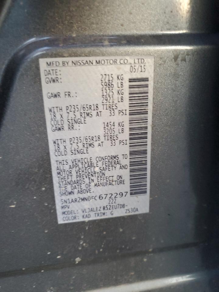 2015 Nissan Pathfinder VIN 5N1AR2MN0FC672297 Copart auction photo, side damage thumbnail 13