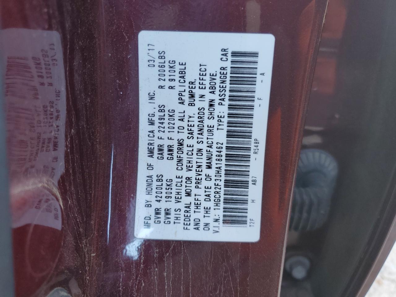 2017 Honda Accord VIN 1HGCR2F30HA188462 Copart auction photo, front end damage thumbnail 12