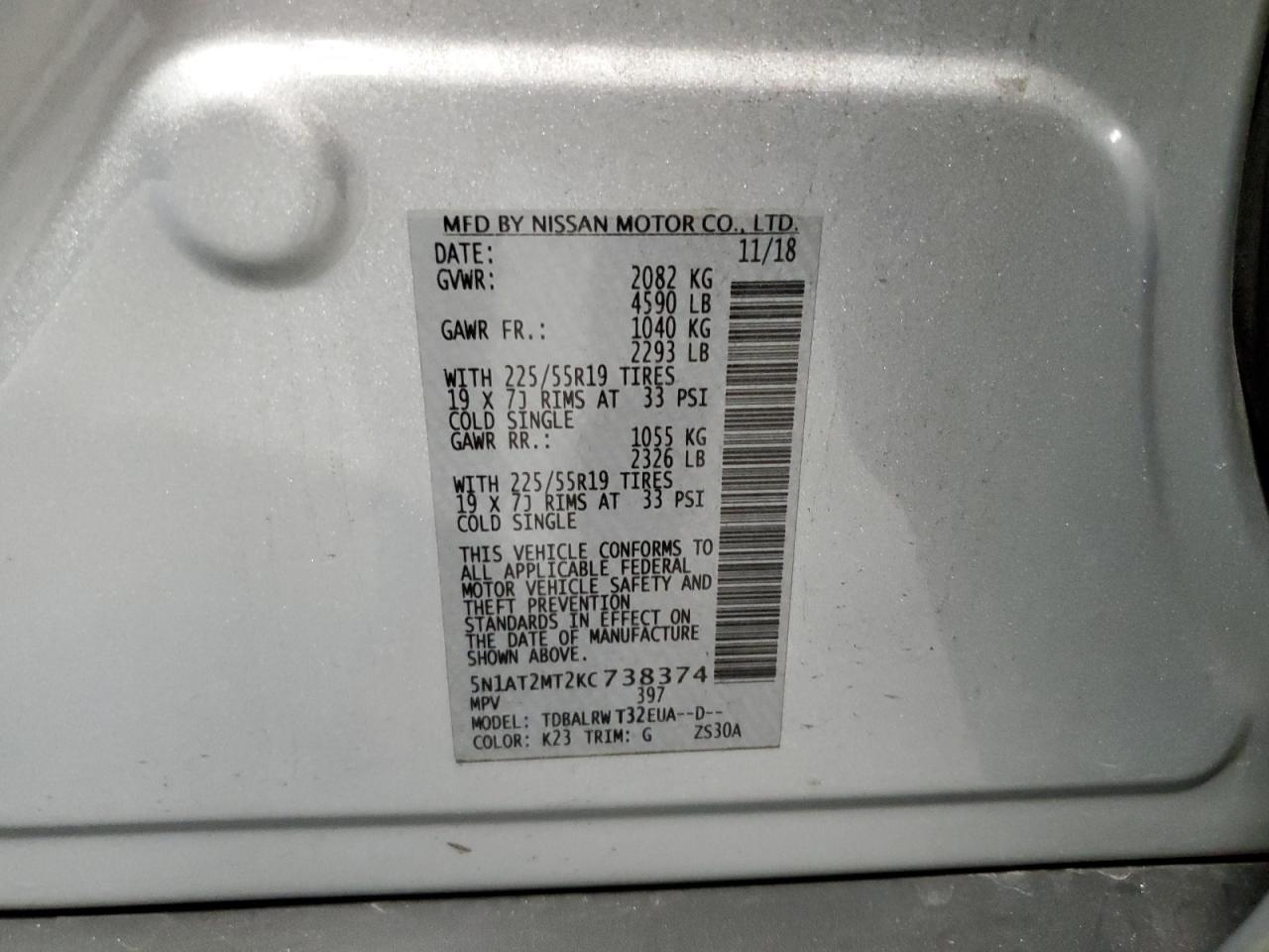 2019 Nissan Rogue VIN 5N1AT2MT2KC738374 Copart auction photo, front end / side damage thumbnail 15